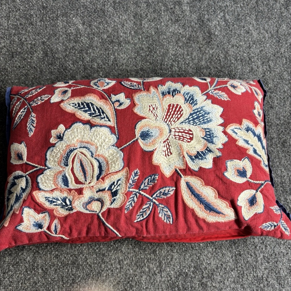 Pier 1 Embroidered Floral Lumbar Throw Pillow Botanical  Red  18 x 12